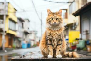 a long haired cat sitting on the edge of a street generative ai photo