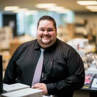 a man in a black shirt and tie standing in front of a desk generative ai photo