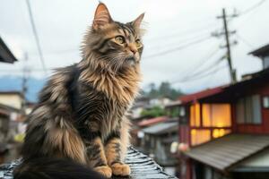 a maine coon cat sitting on the roof of a house generative ai photo