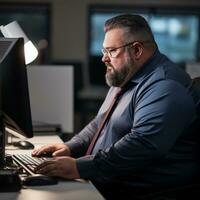 a man in a blue shirt and tie sitting at a desk using a computer generative ai photo