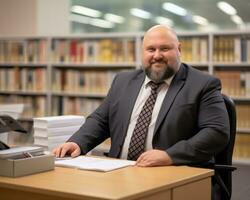 a man in a suit sitting at a desk in a library generative ai photo