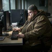 a man sitting at a computer generative ai photo