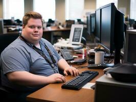 a man sitting at a desk in front of a computer generative ai photo