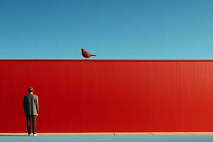 un hombre en pie en frente de un rojo pared generativo ai foto