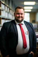 a man wearing a suit and tie in a library generative ai photo