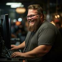 a man with a beard and glasses sitting at a computer generative ai photo