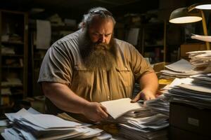 a man with a beard and glasses sitting at a desk in front of a pile of papers generative ai photo