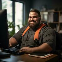 a man with a beard sitting at a desk in front of a computer generative ai photo