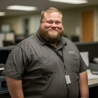 a man with a beard standing in front of a desk generative ai photo