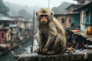 a monkey sits on a ledge overlooking a river generative ai photo