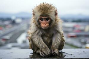 a monkey sitting on a ledge with a city in the background generative ai photo