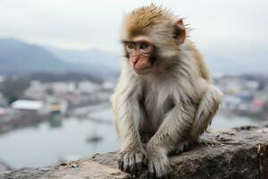 a monkey sitting on top of a ledge overlooking a river generative ai photo