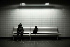 un persona sentado en un banco siguiente a un negro gato generativo ai foto