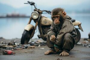 a monkey sitting on the ground next to a motorcycle generative ai photo