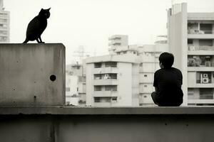 a person sitting on a ledge with a black cat generative ai photo