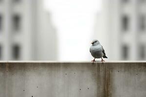 a pigeon sitting on a concrete wall in front of a city generative ai photo