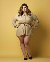 a plus size woman in a tan shirt dress and high heels generative ai photo