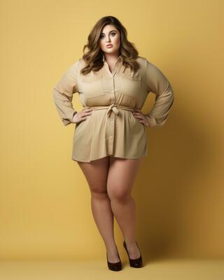 a plus size woman in a tan shirt dress and high heels generative ai 32091137 Stock Photo at Vecteezy