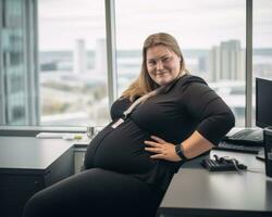 a pregnant woman sitting at a desk in front of a window generative ai photo