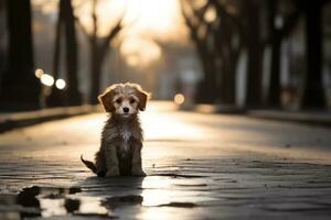 un perrito sentado en el suelo en el medio de un calle generativo ai foto