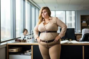 a pregnant woman standing in an office with her hands on her hips generative ai photo