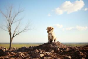 a puppy sitting on top of a pile of dirt generative ai photo