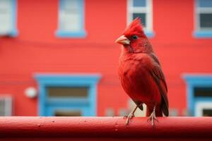 a red bird is sitting on a railing generative ai photo