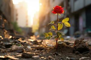 un rojo Rosa creciente fuera de el suelo en un ciudad generativo ai foto