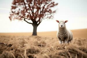 a sheep standing in a field next to a tree generative ai photo