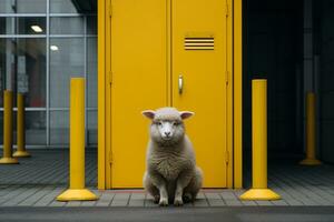 un oveja sentado en frente de un amarillo puerta generativo ai foto