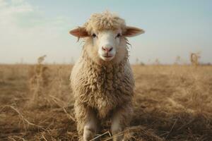 a sheep standing in a field of dry grass generative ai photo