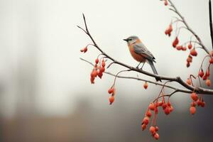 un pequeño pájaro es encaramado en un rama con rojo bayas generativo ai foto