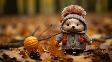a small bear wearing a sweater and hat is standing in the middle of a pile of fallen leaves generative ai photo