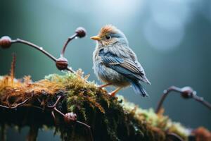 a small bird is perched on a moss covered branch generative ai photo