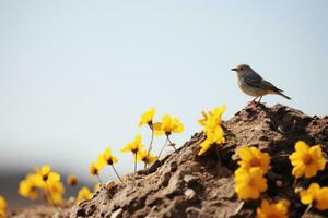 a small bird is perched on a rock in the middle of a field of yellow flowers generative ai photo