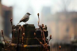 a small bird is perched on a brick wall generative ai photo