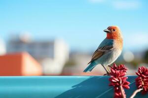 a small bird is perched on top of a red flower generative ai photo