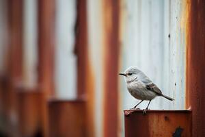 un pequeño pájaro es en pie en un oxidado carril generativo ai foto