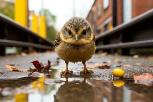 a small bird is standing on a wet pavement generative ai photo