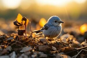 un pequeño pájaro es en pie en el suelo en el Dom generativo ai foto