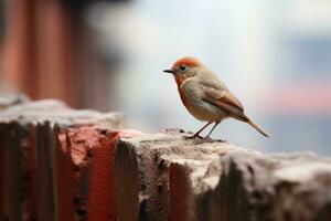 un pequeño pájaro es encaramado en un ladrillo pared generativo ai foto
