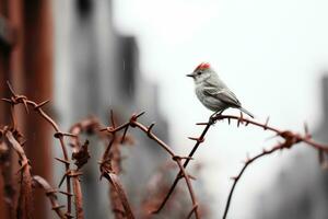 a small bird perched on a barbed wire fence generative ai photo