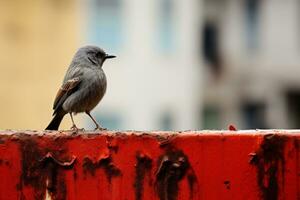 un pequeño pájaro es en pie en parte superior de un rojo pared generativo ai foto