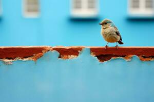 a small bird perched on a wall near a blue building generative ai photo