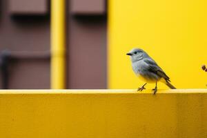 un pequeño pájaro encaramado en el borde de un amarillo pared generativo ai foto