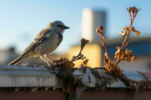 a small bird sitting on top of a building generative ai photo