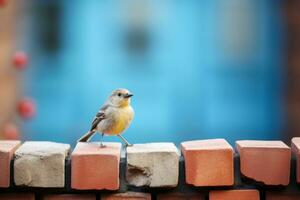 un pequeño pájaro sentado en parte superior de un ladrillo pared generativo ai foto