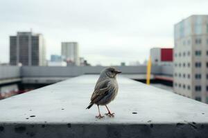 un pequeño pájaro en pie en un repisa en frente de un ciudad generativo ai foto