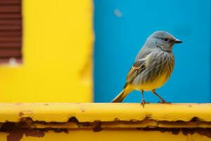 un pequeño pájaro en pie en un amarillo repisa generativo ai foto