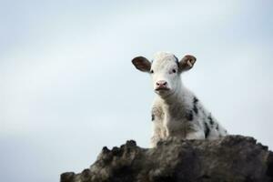 a small black and white cow sitting on top of a rock generative ai photo